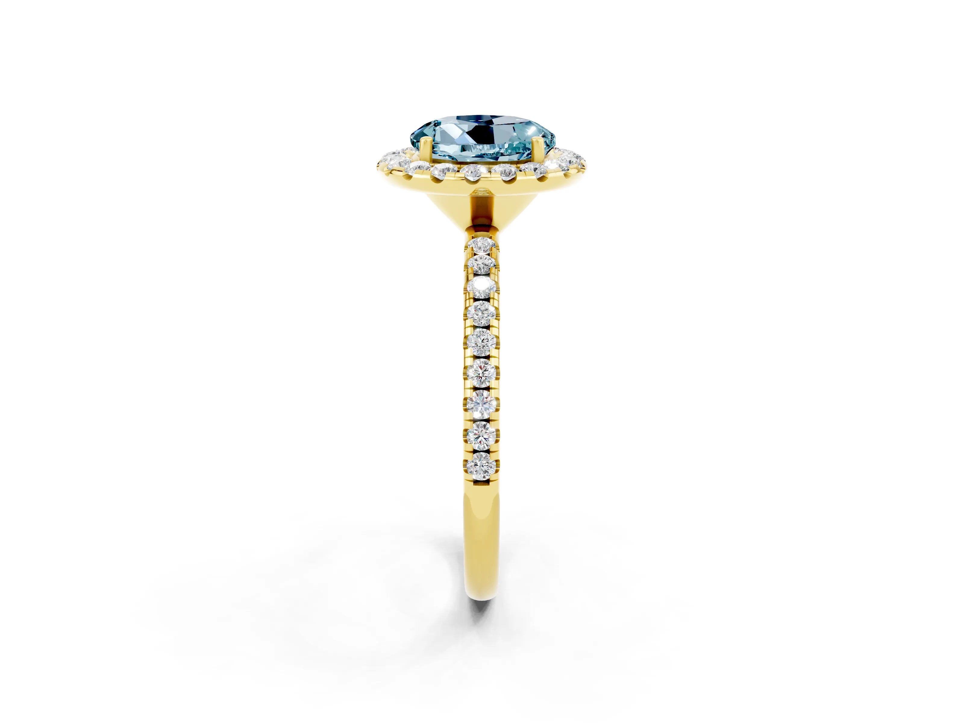 Yellow gold Round Cut Halo Round Diamond Pavé Band Four-Prong Ring_2