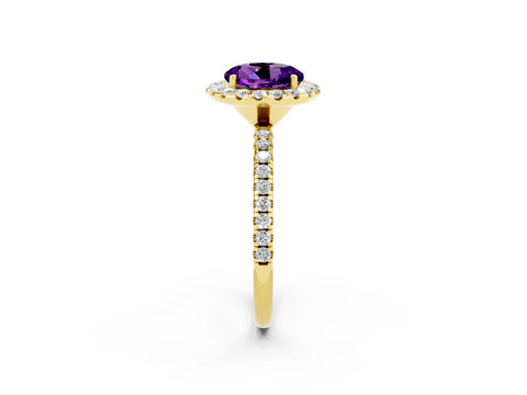Yellow gold Round Cut Halo Round Diamond Pavé Band Four-Prong Ring_2