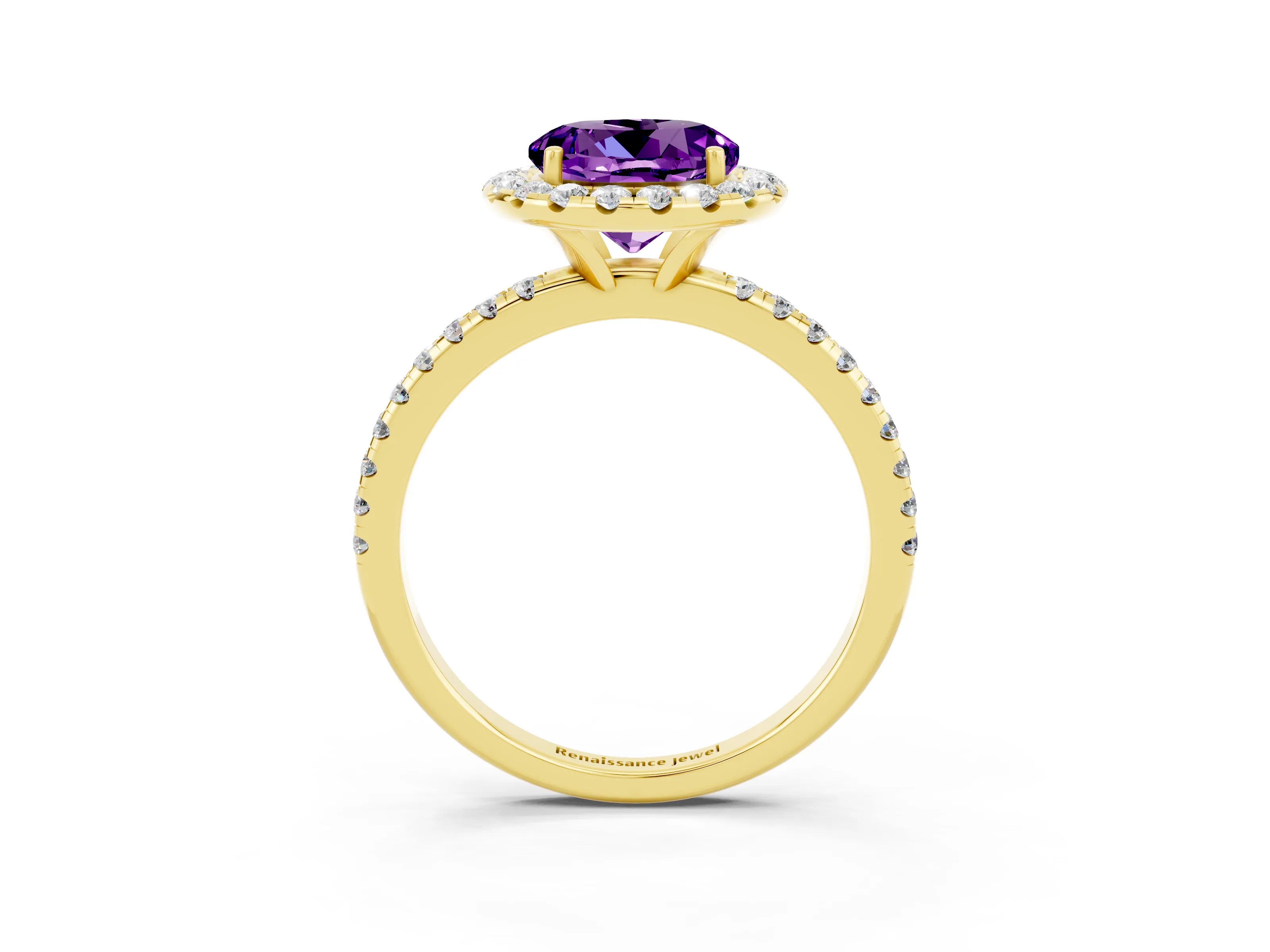 Yellow gold Round Cut Halo Round Diamond Pavé Band Four-Prong Ring_3