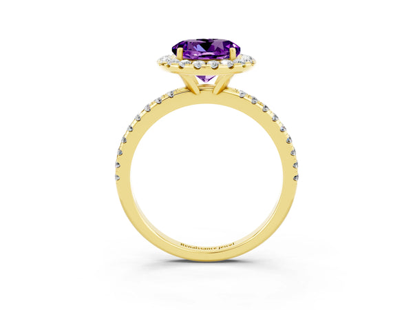 Yellow gold Round Cut Amethyst Halo Ring with Round Pavé Band and Prong Setting