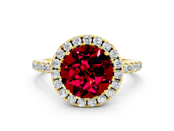 Yellow gold Round Cut Garnet Halo Ring with Round Pavé Band and Prong Setting