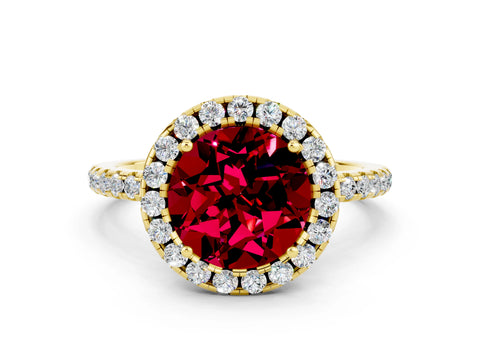 Yellow gold Round Cut Halo Round Diamond Pavé Band Four-Prong Ring