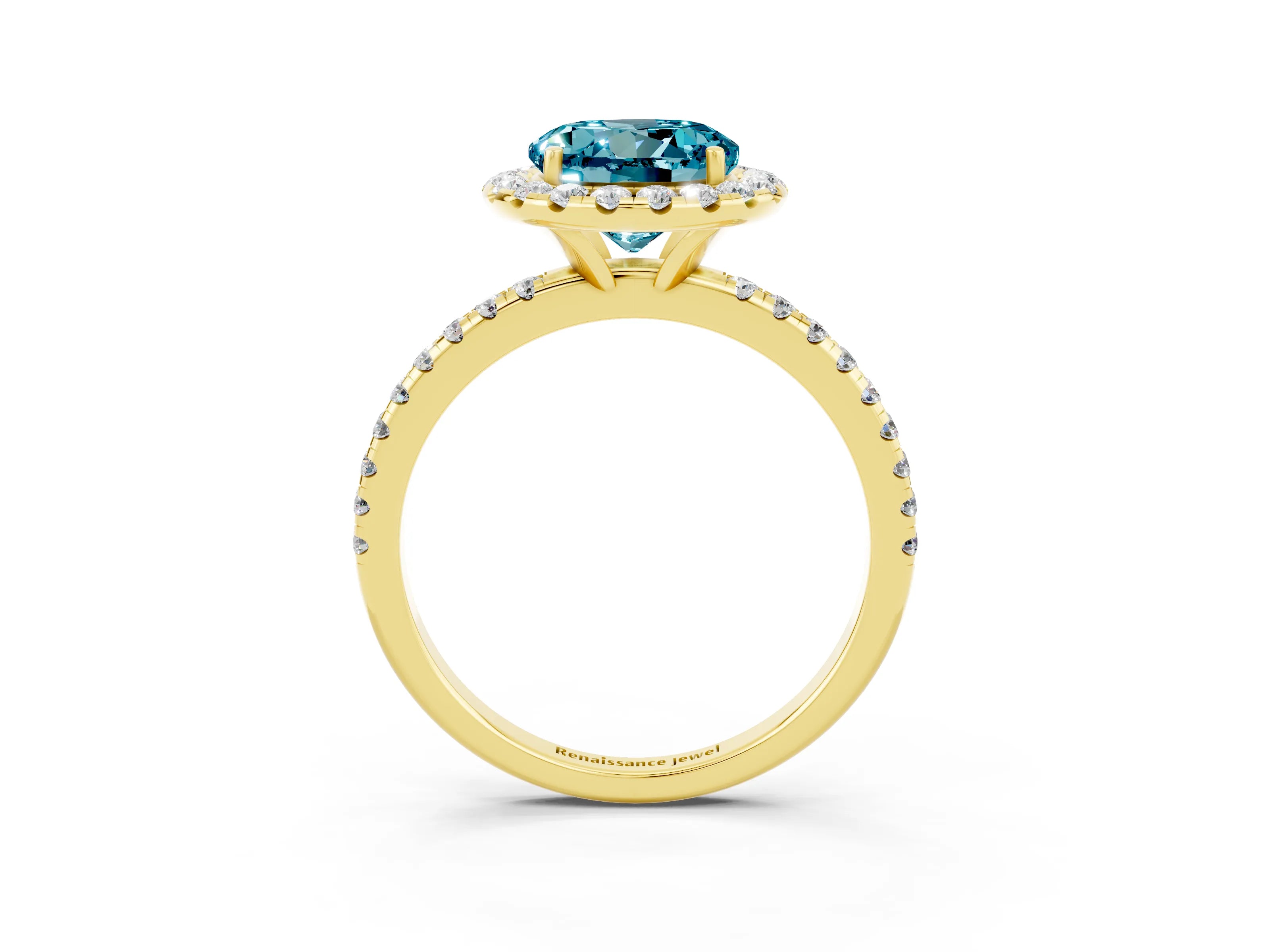 Yellow gold Round Cut Halo Round Diamond Pavé Band Four-Prong Ring_3