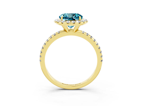 Yellow gold Round Cut Halo Round Diamond Pavé Band Four-Prong Ring