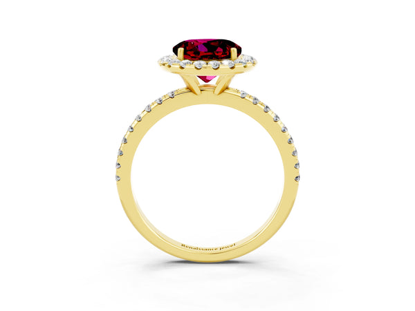 Yellow gold Round Cut Garnet Halo Ring with Round Pavé Band and Prong Setting
