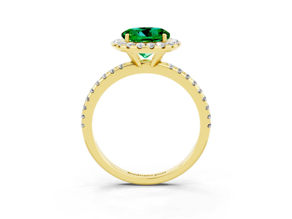 Yellow gold Round Cut Emerald Halo Ring with Round Pavé Band and Prong Setting