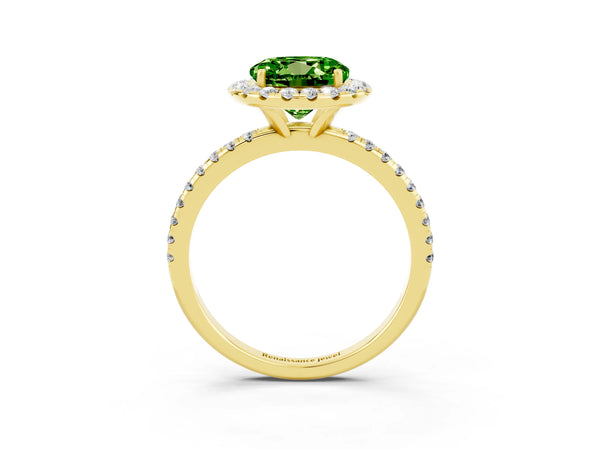Yellow gold Round Cut Halo Round Diamond Pavé Band Four-Prong Ring
