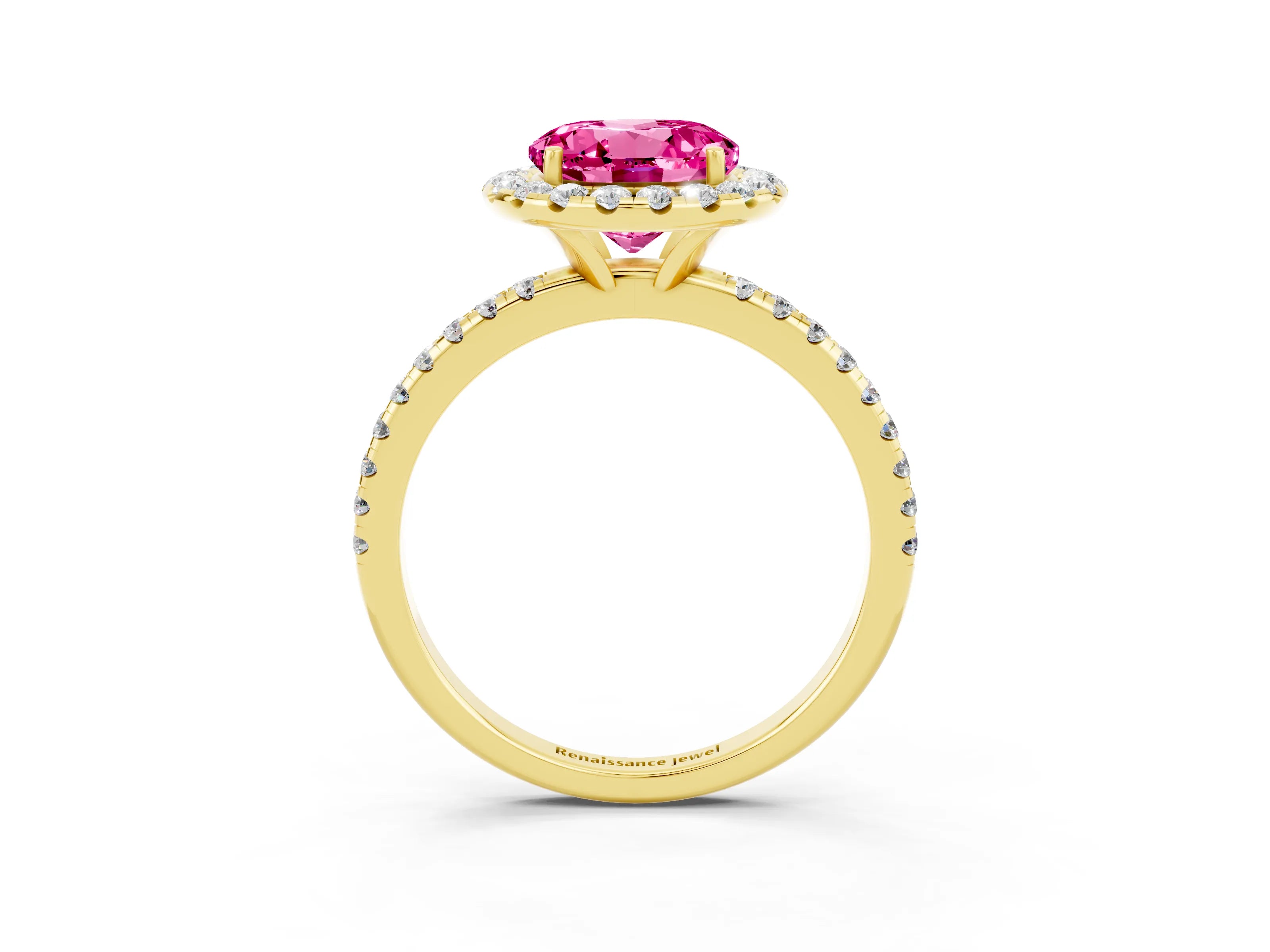 Yellow gold Round Cut Halo Round Diamond Pavé Band Four-Prong Ring_3