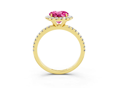 Yellow gold Round Cut Halo Round Diamond Pavé Band Four-Prong Ring_3