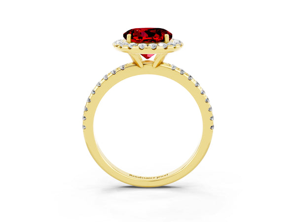 Yellow gold Round Cut Halo Round Diamond Pavé Band Four-Prong Ring
