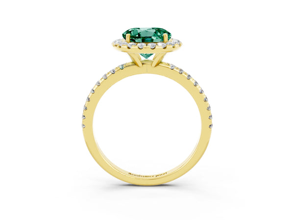 Yellow gold Round Cut Green Sapphire Halo Ring with Round Pavé Band and Prong Setting