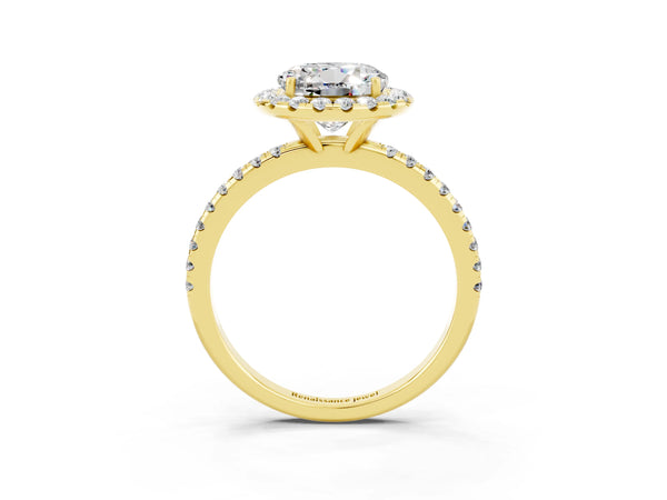 Yellow gold Round Cut Moissanite Halo Ring with Round Pavé Band and Prong Setting