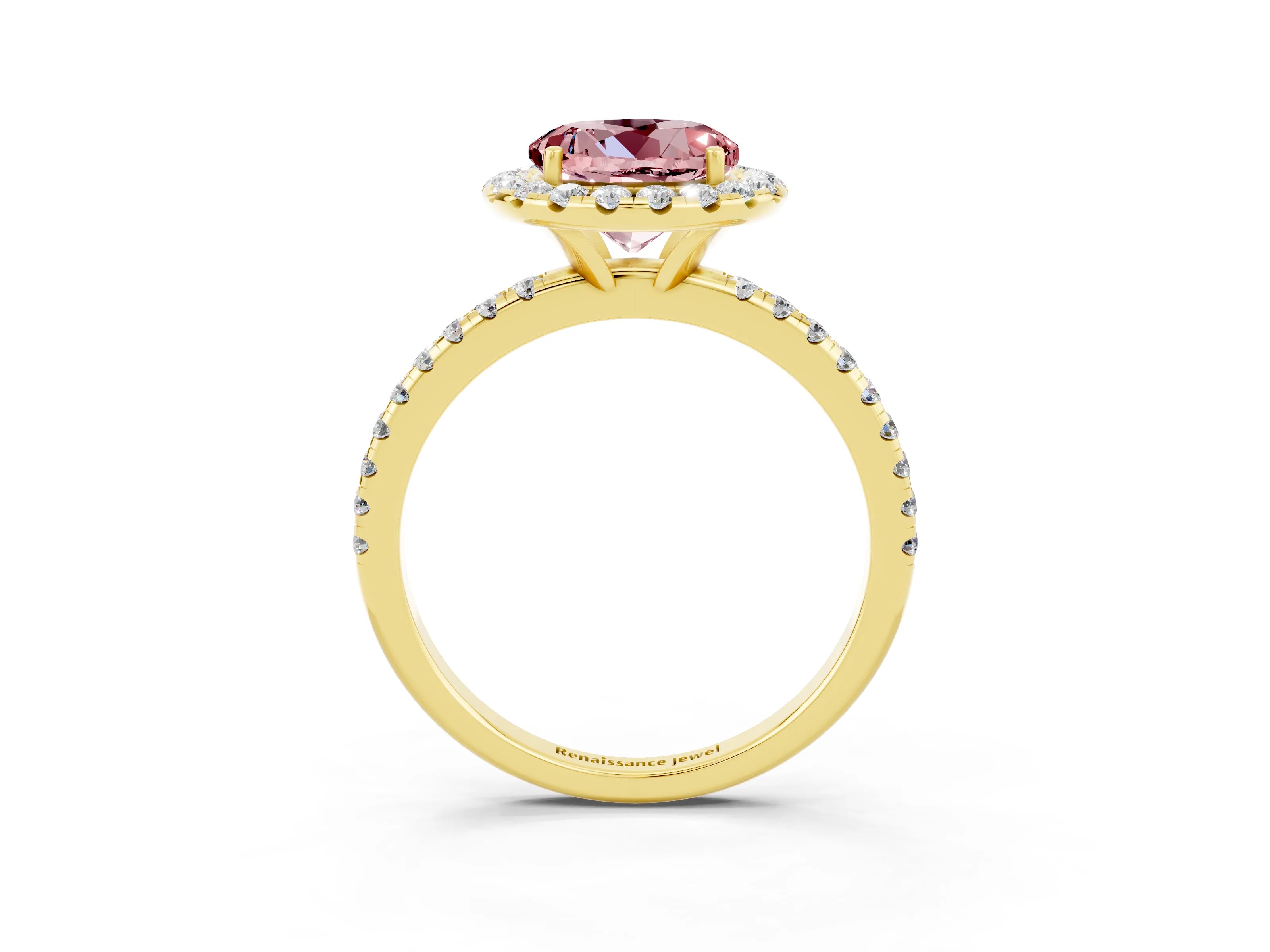 Yellow gold Round Cut Halo Round Diamond Pavé Band Four-Prong Ring_3