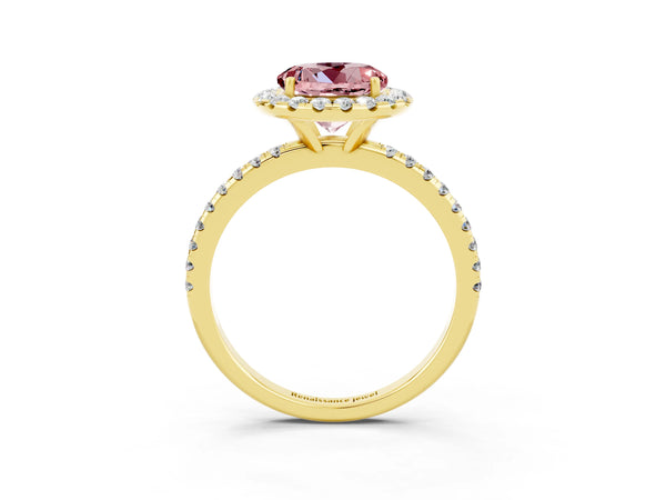 Yellow gold Round Cut Halo Round Diamond Pavé Band Four-Prong Ring