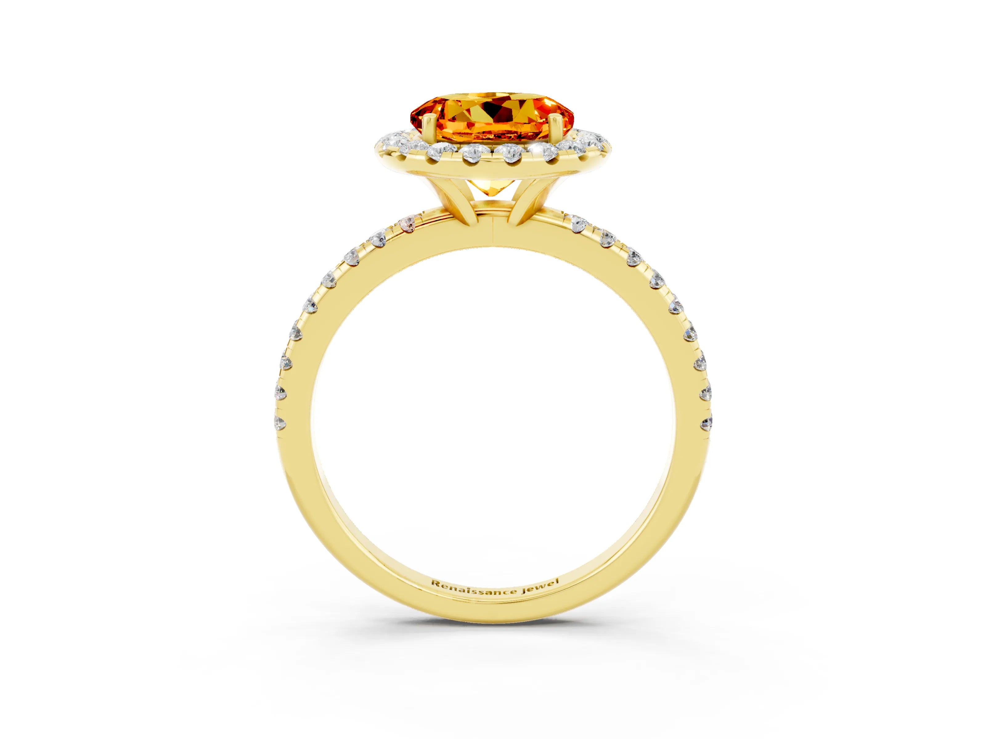 Yellow gold Round Cut Halo Round Diamond Pavé Band Four-Prong Ring_3