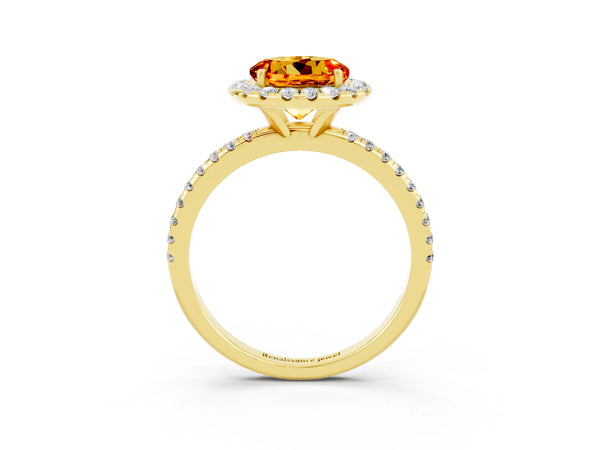Yellow gold Round Cut Citrine Halo Ring with Round Pavé Band and Prong Setting