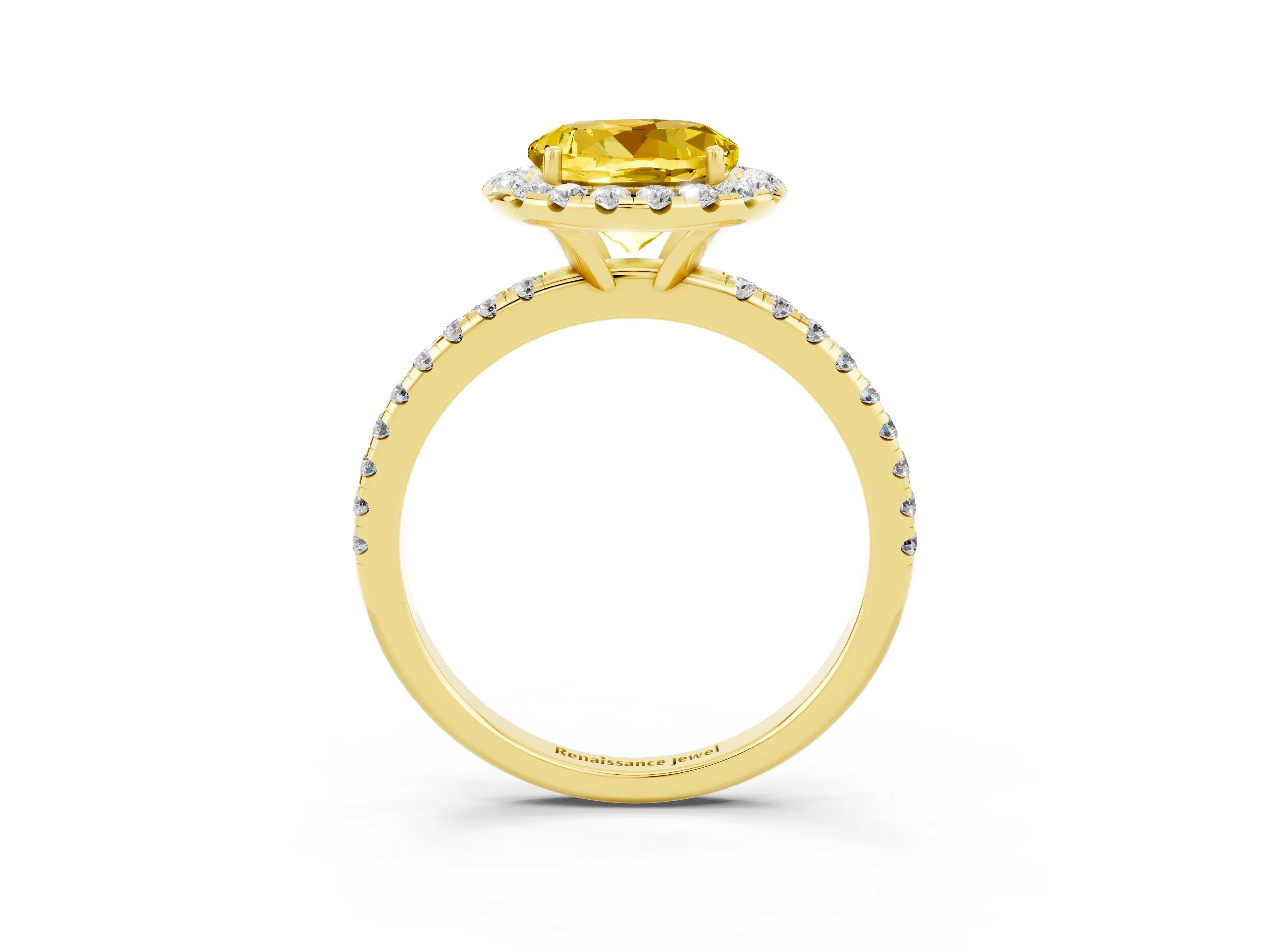 Yellow gold Round Cut Halo Round Diamond Pavé Band Four-Prong Ring_3