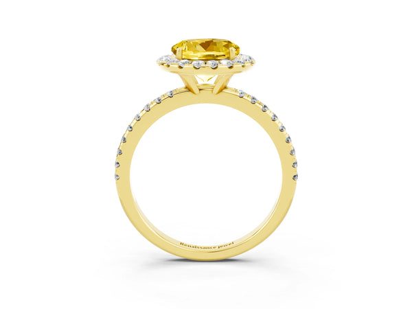 Yellow gold Round Cut Yellow Sapphire Halo Ring with Round Pavé Band and Prong Setting