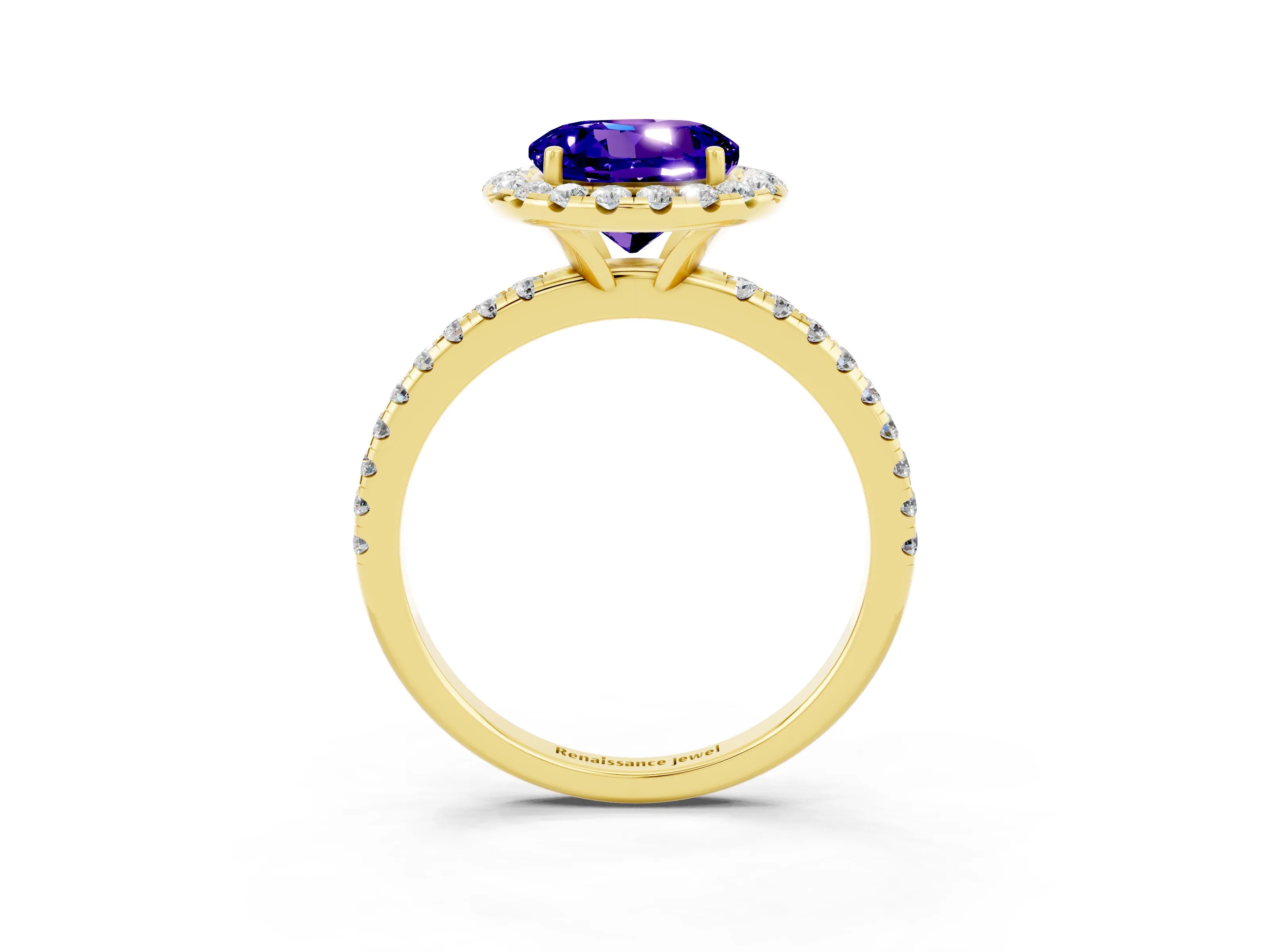 Yellow gold Round Cut Halo Round Diamond Pavé Band Four-Prong Ring_3