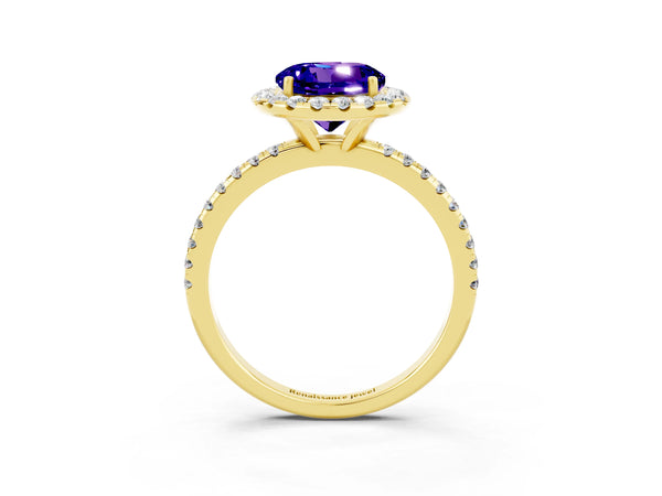 Yellow gold Round Cut Tanzanite Halo Ring with Round Pavé Band and Prong Setting
