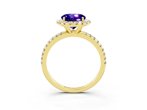 Yellow gold Round Cut Halo Round Diamond Pavé Band Four-Prong Ring_3