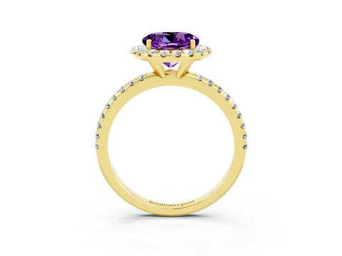 Yellow gold Round Cut Halo Round Diamond Pavé Band Four-Prong Ring_3