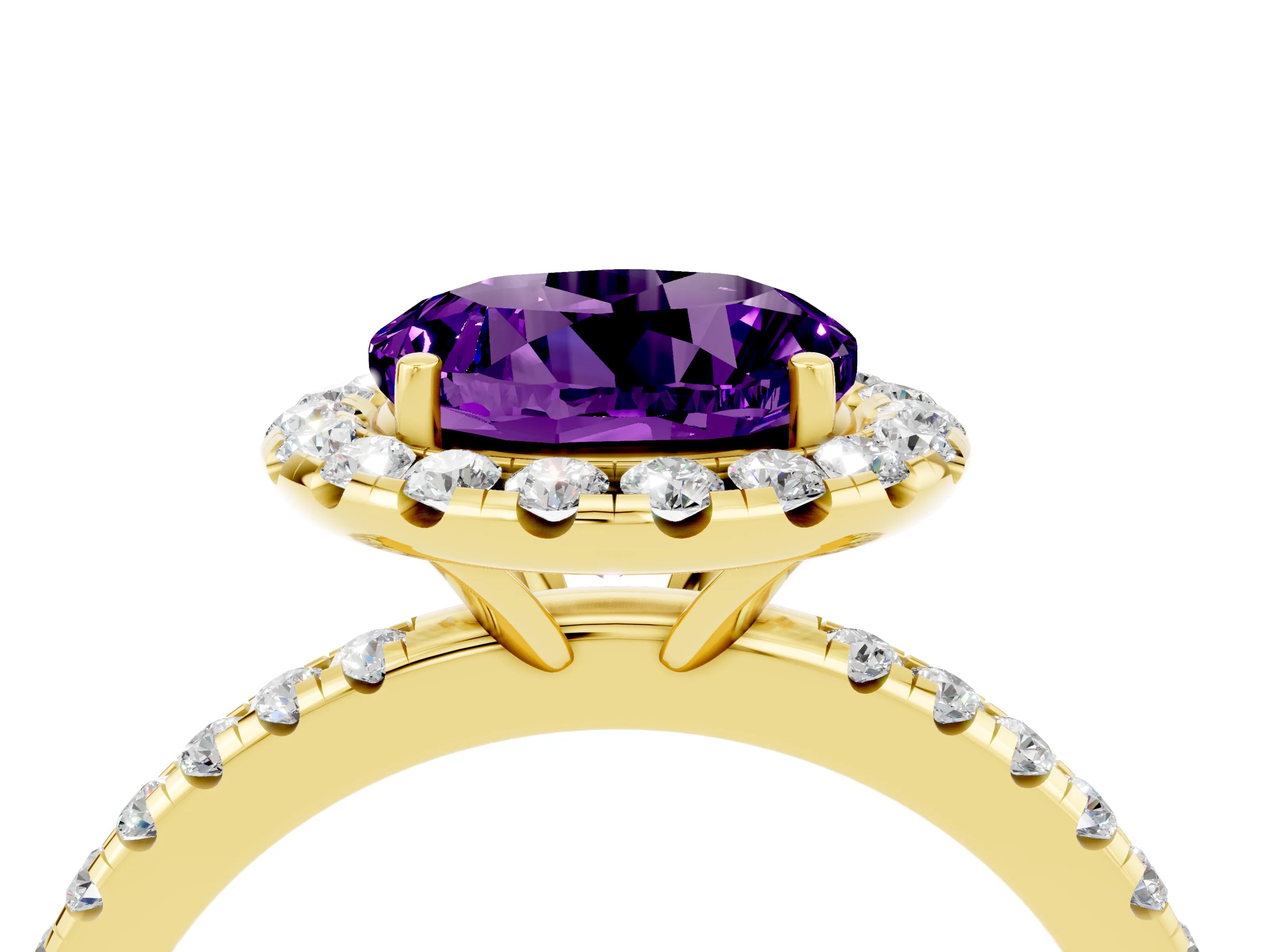 Yellow gold Round Cut Halo Round Diamond Pavé Band Four-Prong Ring_4