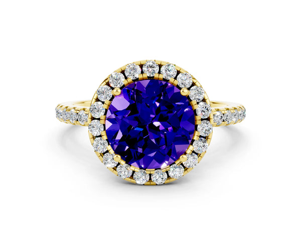 Yellow gold Round Cut Tanzanite Halo Ring with Round Pavé Band and Prong Setting