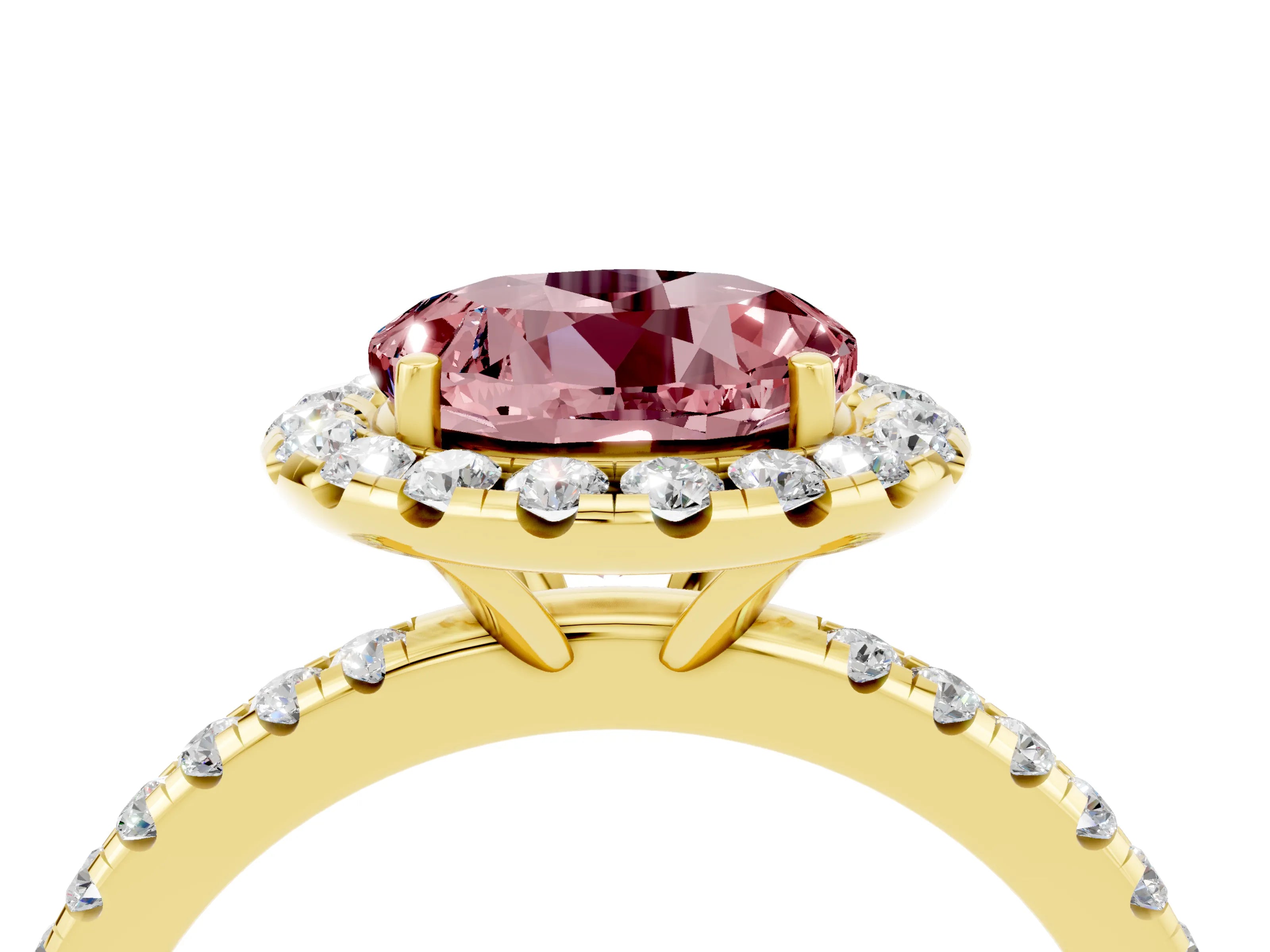 Yellow gold Round Cut Halo Round Diamond Pavé Band Four-Prong Ring_4