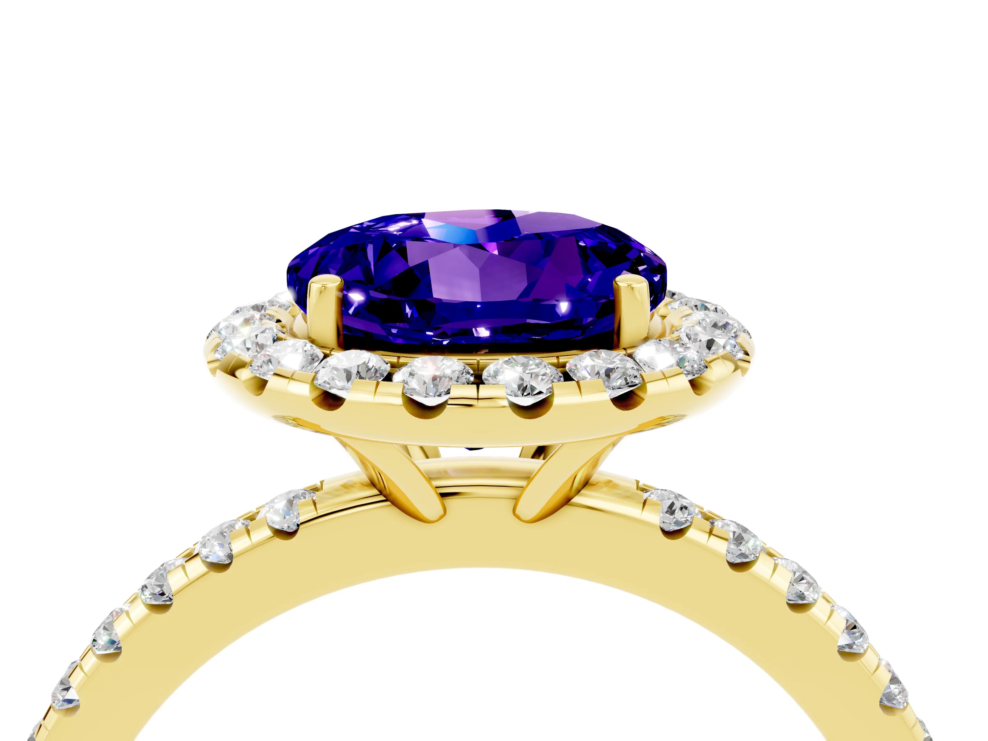 Yellow gold Round Cut Halo Round Diamond Pavé Band Four-Prong Ring_4