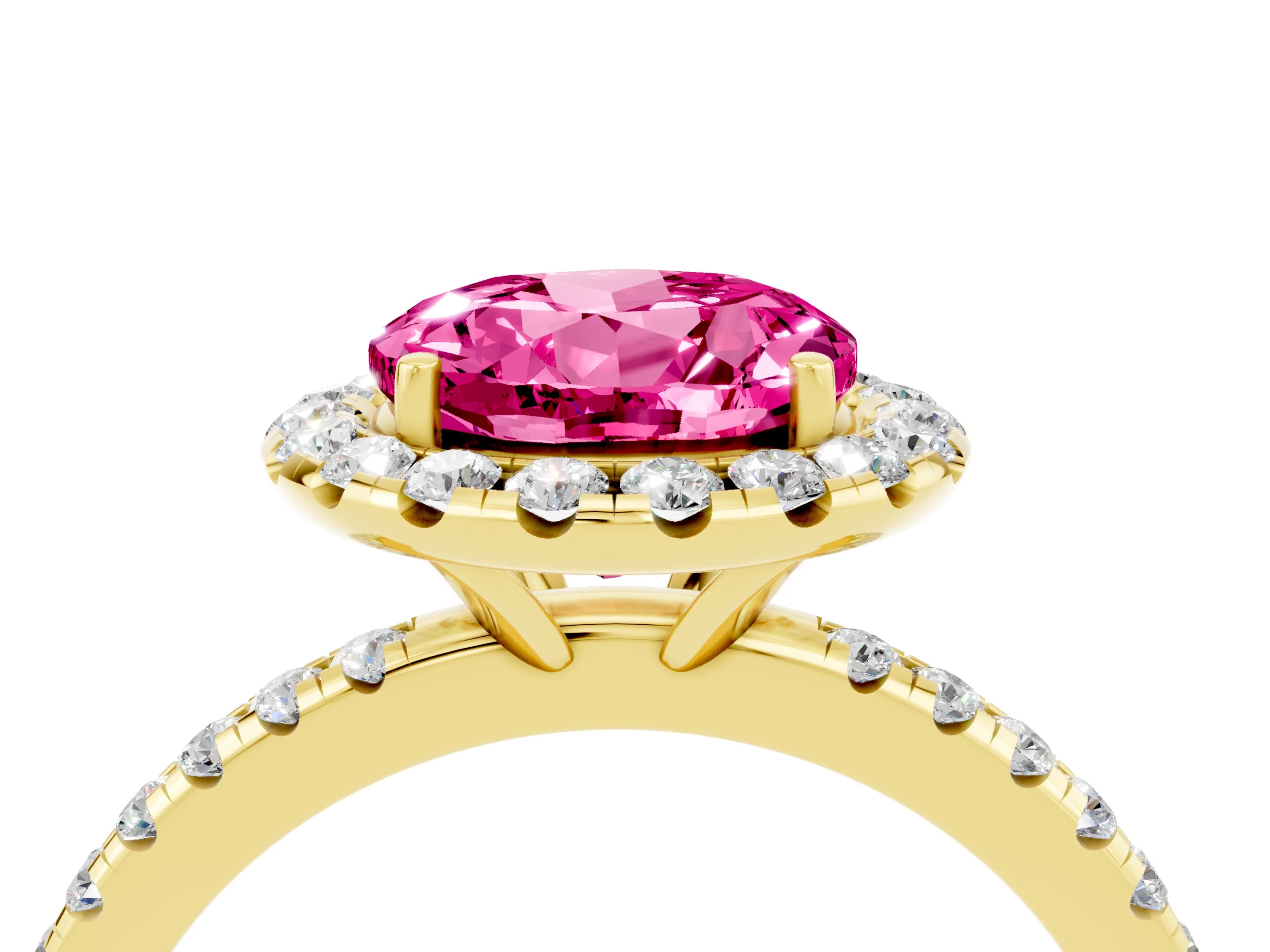 Yellow gold Round Cut Halo Round Diamond Pavé Band Four-Prong Ring_4