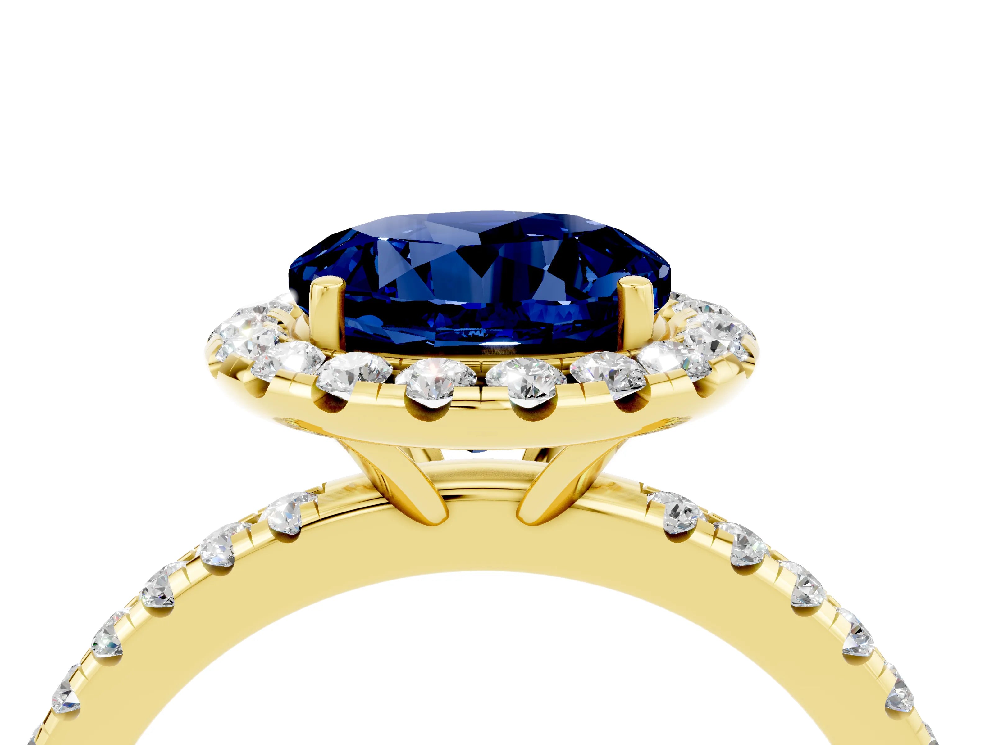 Yellow gold Round Cut Halo Round Diamond Pavé Band Four-Prong Ring_4