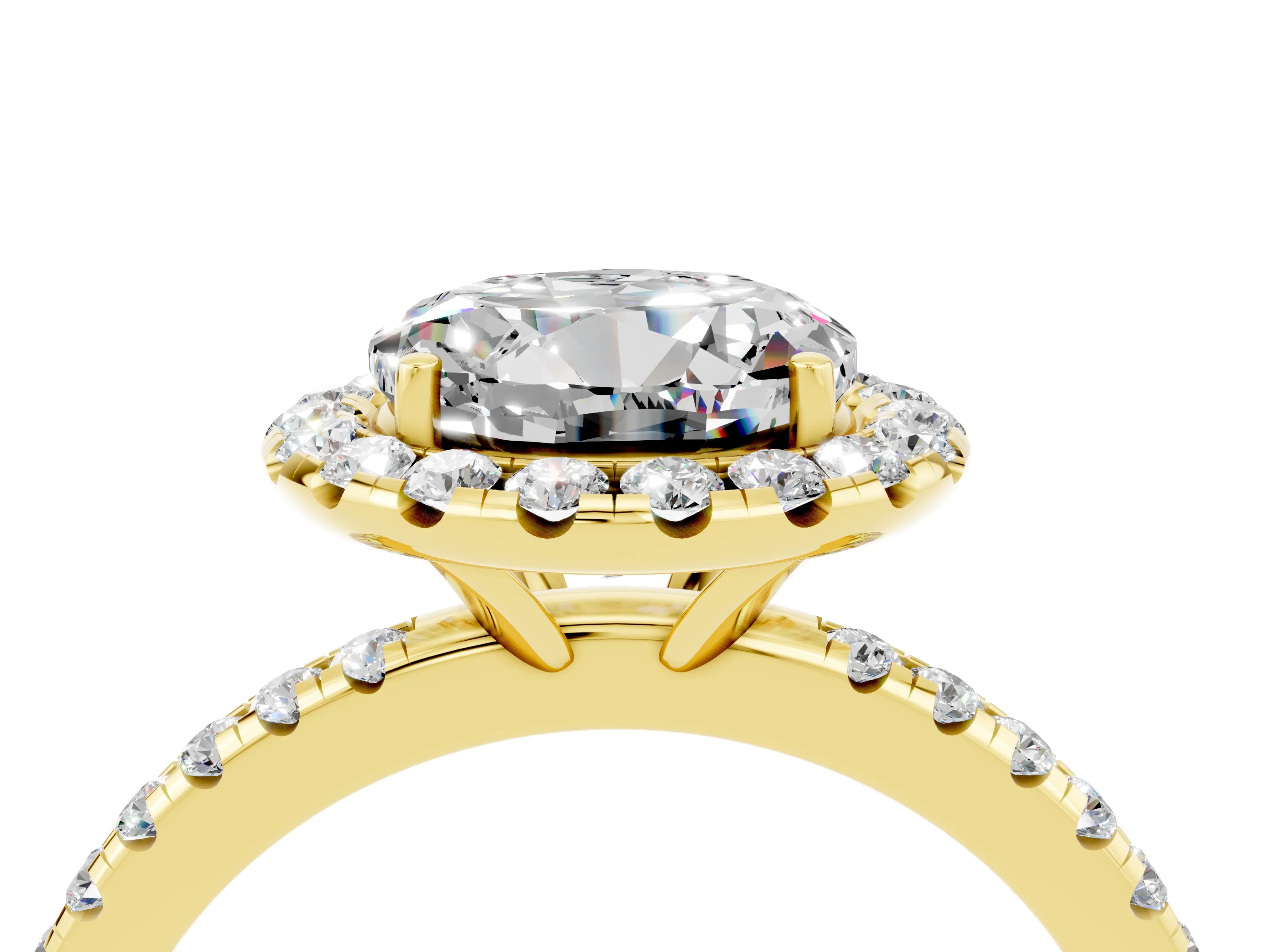 Yellow gold Round Cut Halo Round Diamond Pavé Band Four-Prong Ring_4