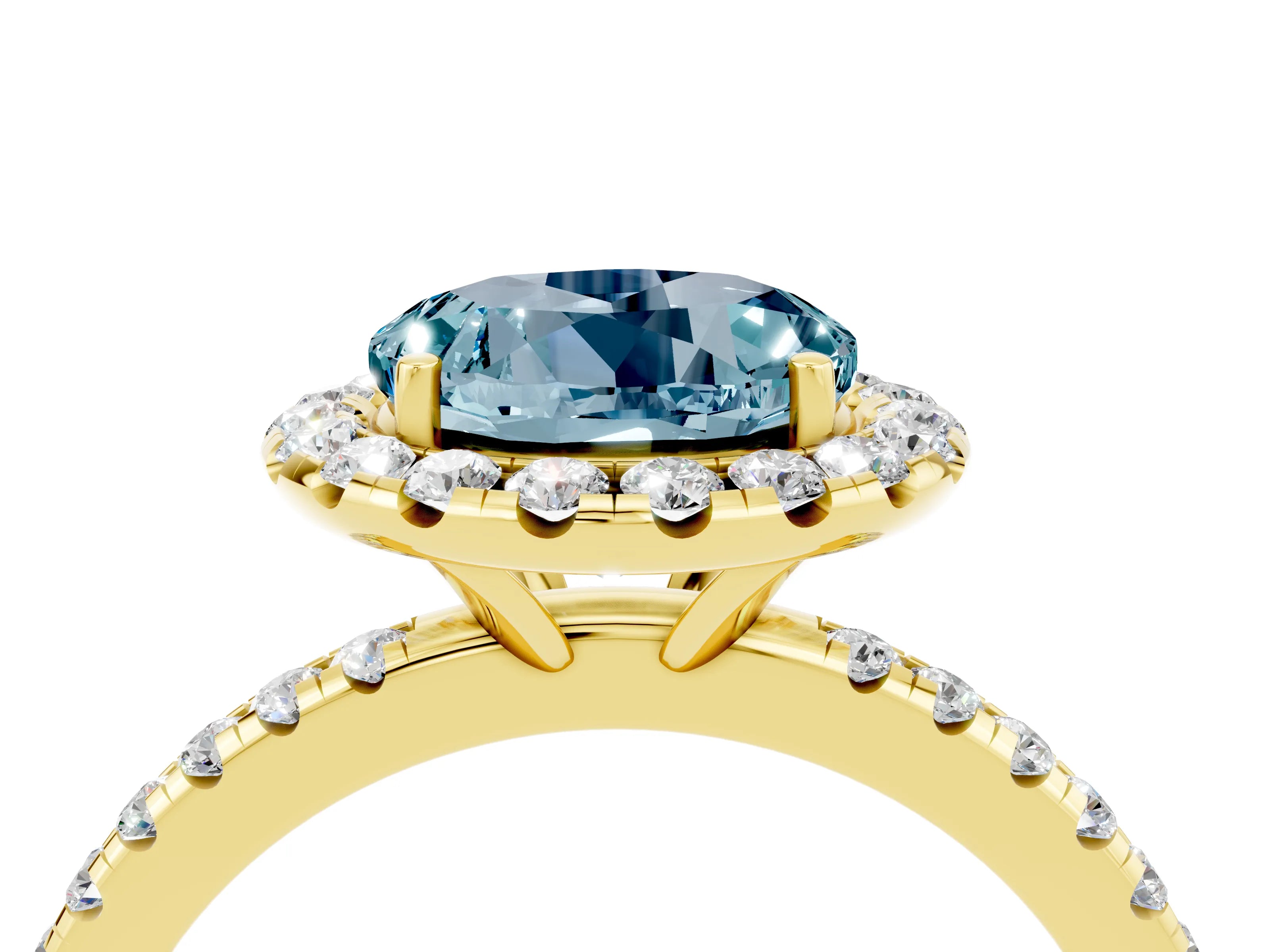 Yellow gold Round Cut Halo Round Diamond Pavé Band Four-Prong Ring_4