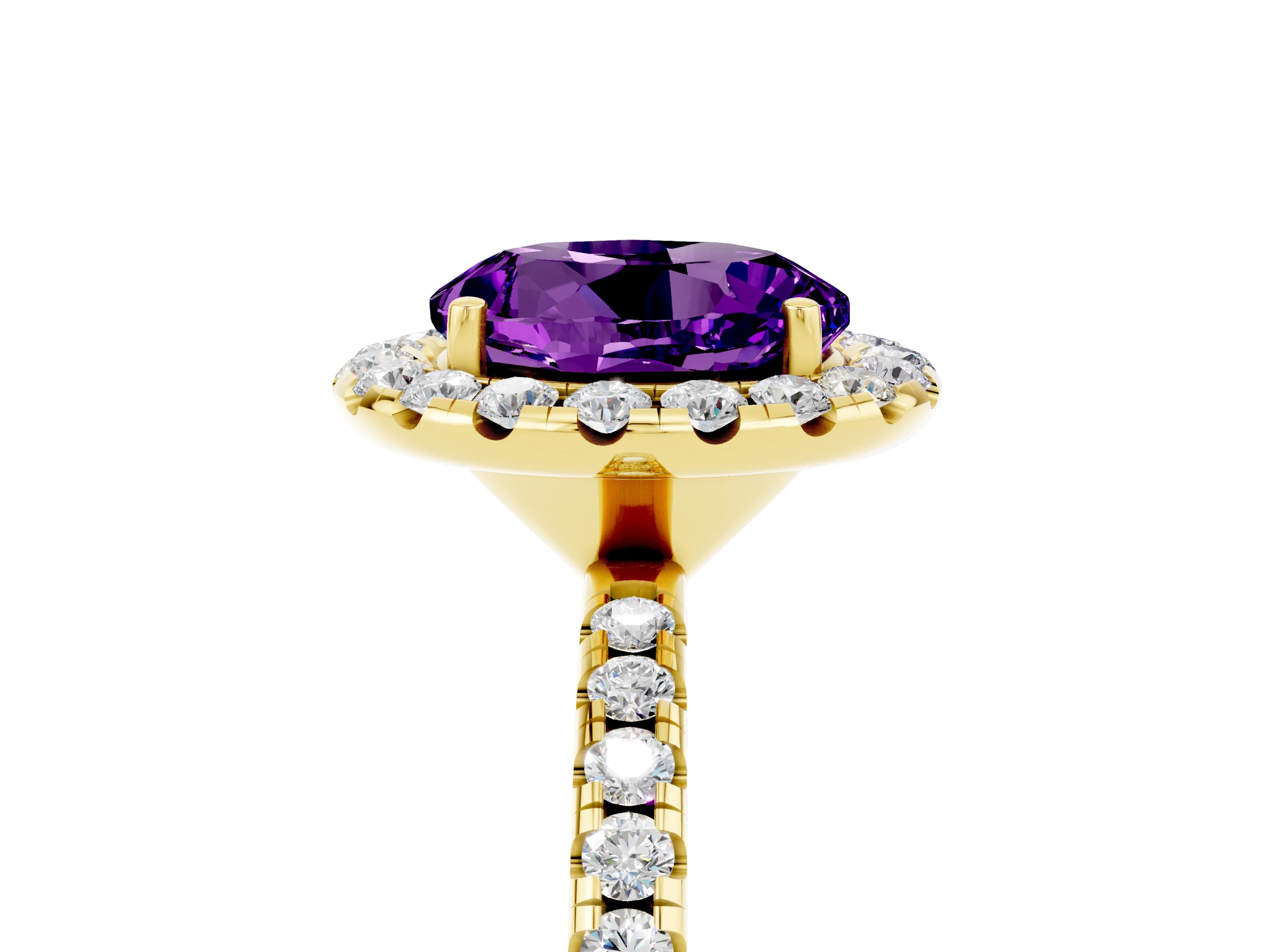 Yellow gold Round Cut Halo Round Diamond Pavé Band Four-Prong Ring_5
