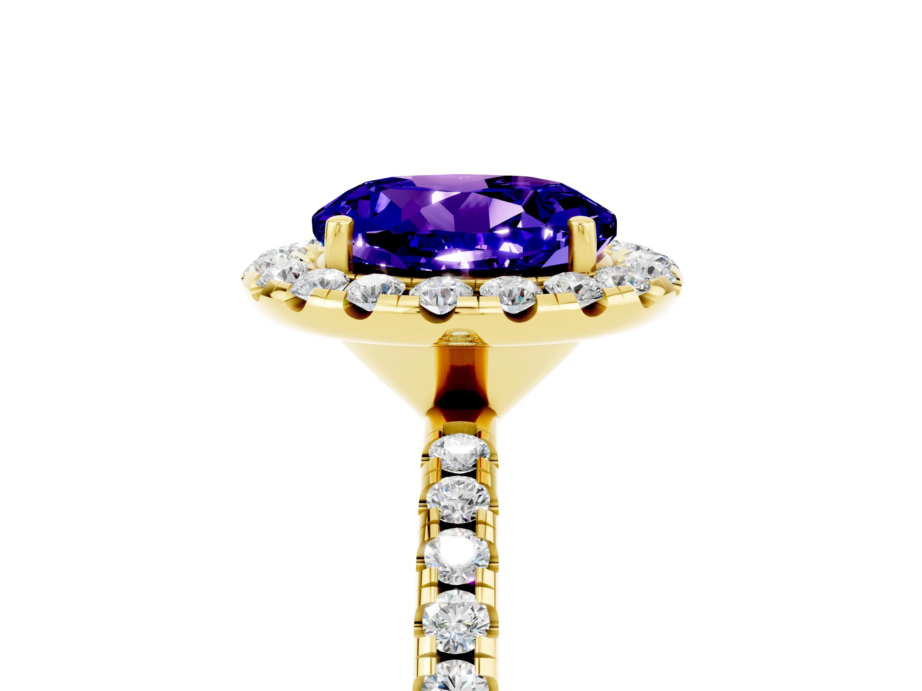 Yellow gold Round Cut Halo Round Diamond Pavé Band Four-Prong Ring_5
