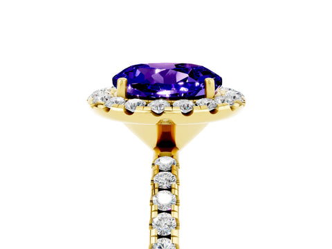 Yellow gold Round Cut Halo Round Diamond Pavé Band Four-Prong Ring_5