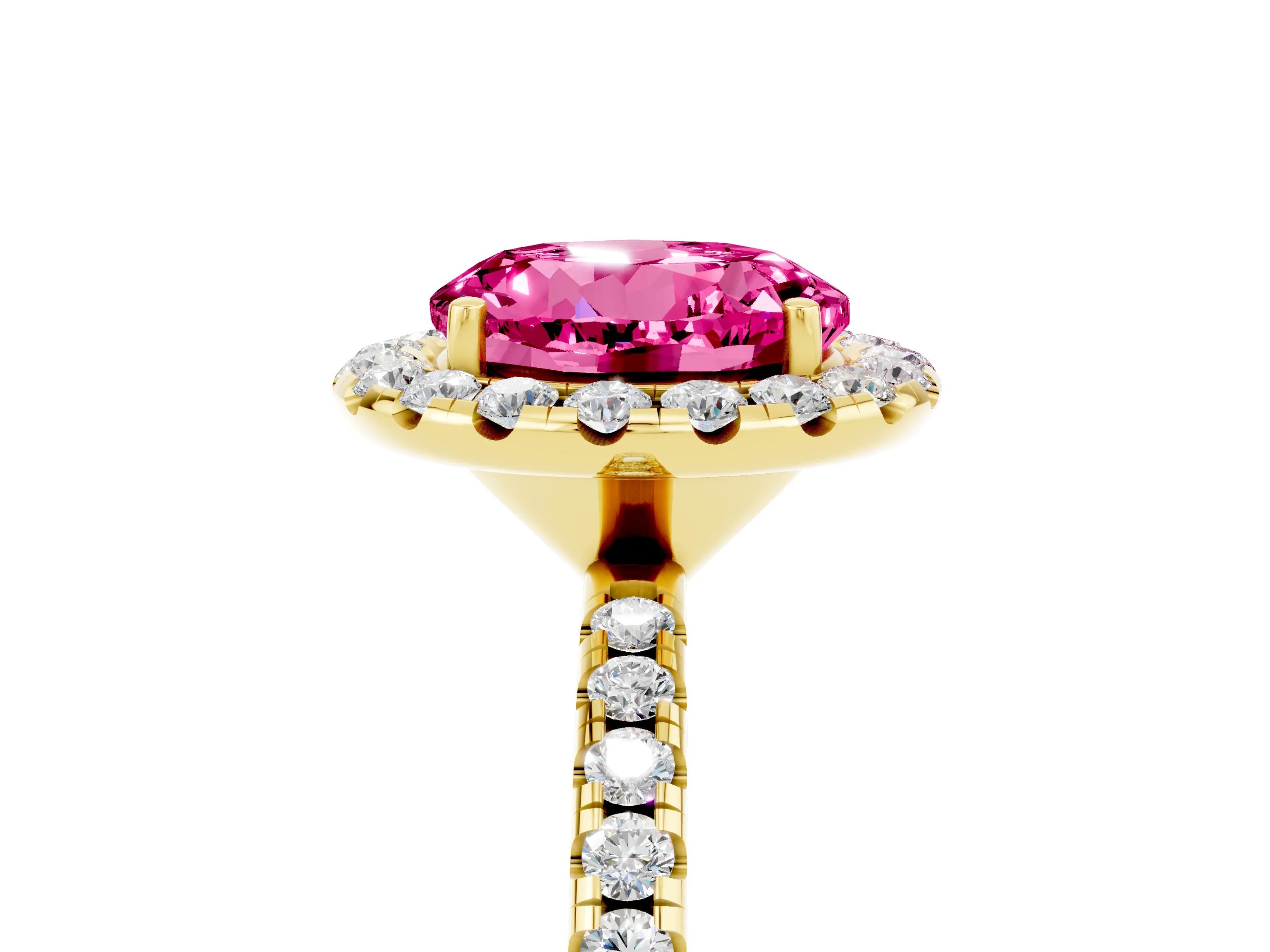 Yellow gold Round Cut Halo Round Diamond Pavé Band Four-Prong Ring_5