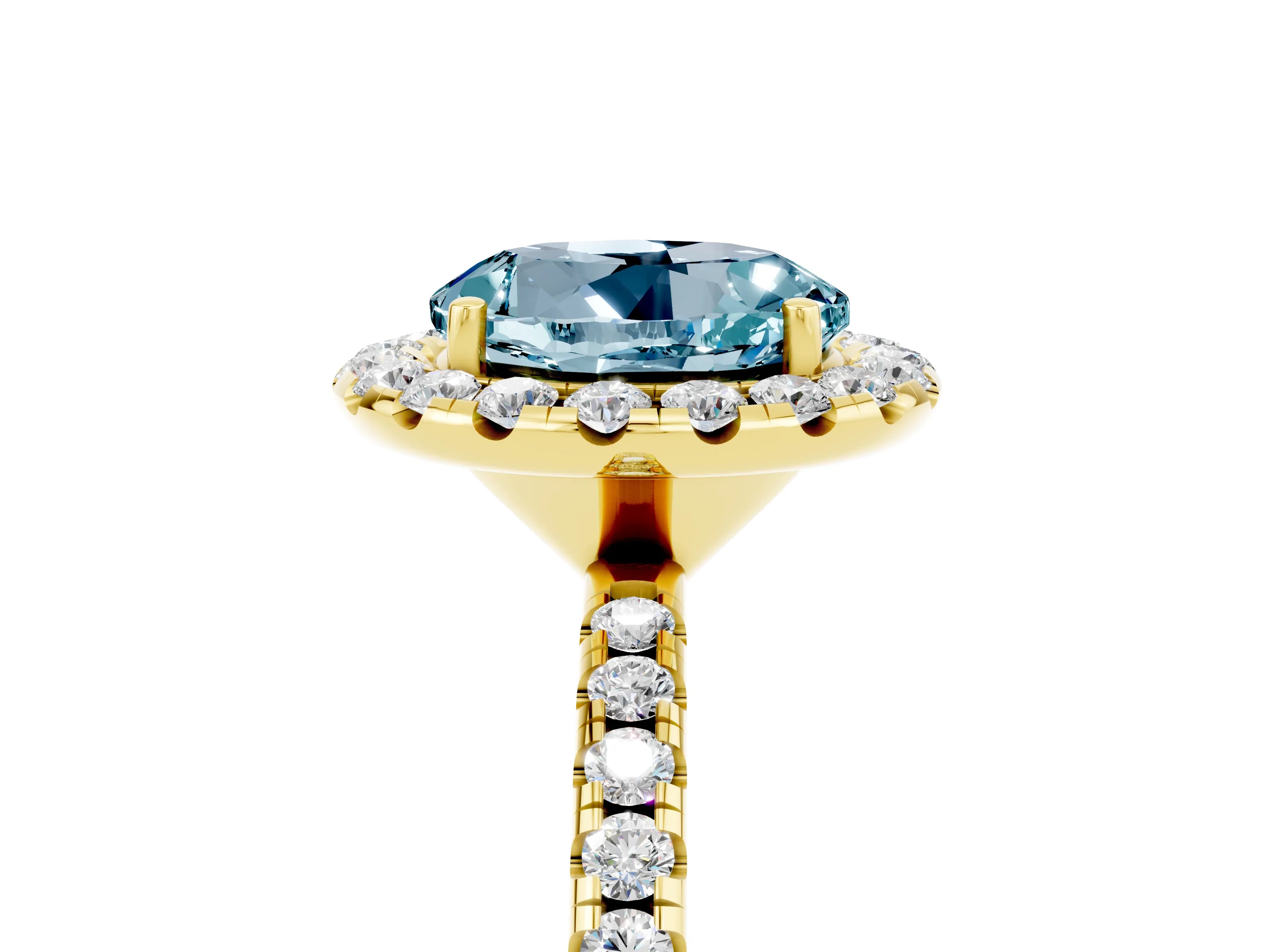 Yellow gold Round Cut Halo Round Diamond Pavé Band Four-Prong Ring_5