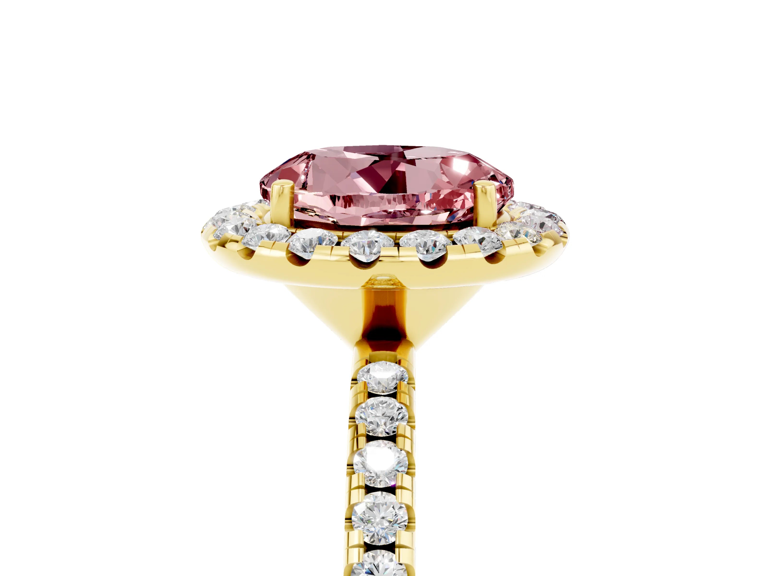 Yellow gold Round Cut Halo Round Diamond Pavé Band Four-Prong Ring_5
