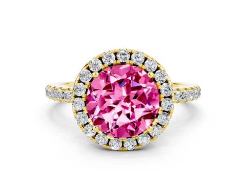 Yellow gold Round Cut Halo Round Diamond Pavé Band Four-Prong Ring