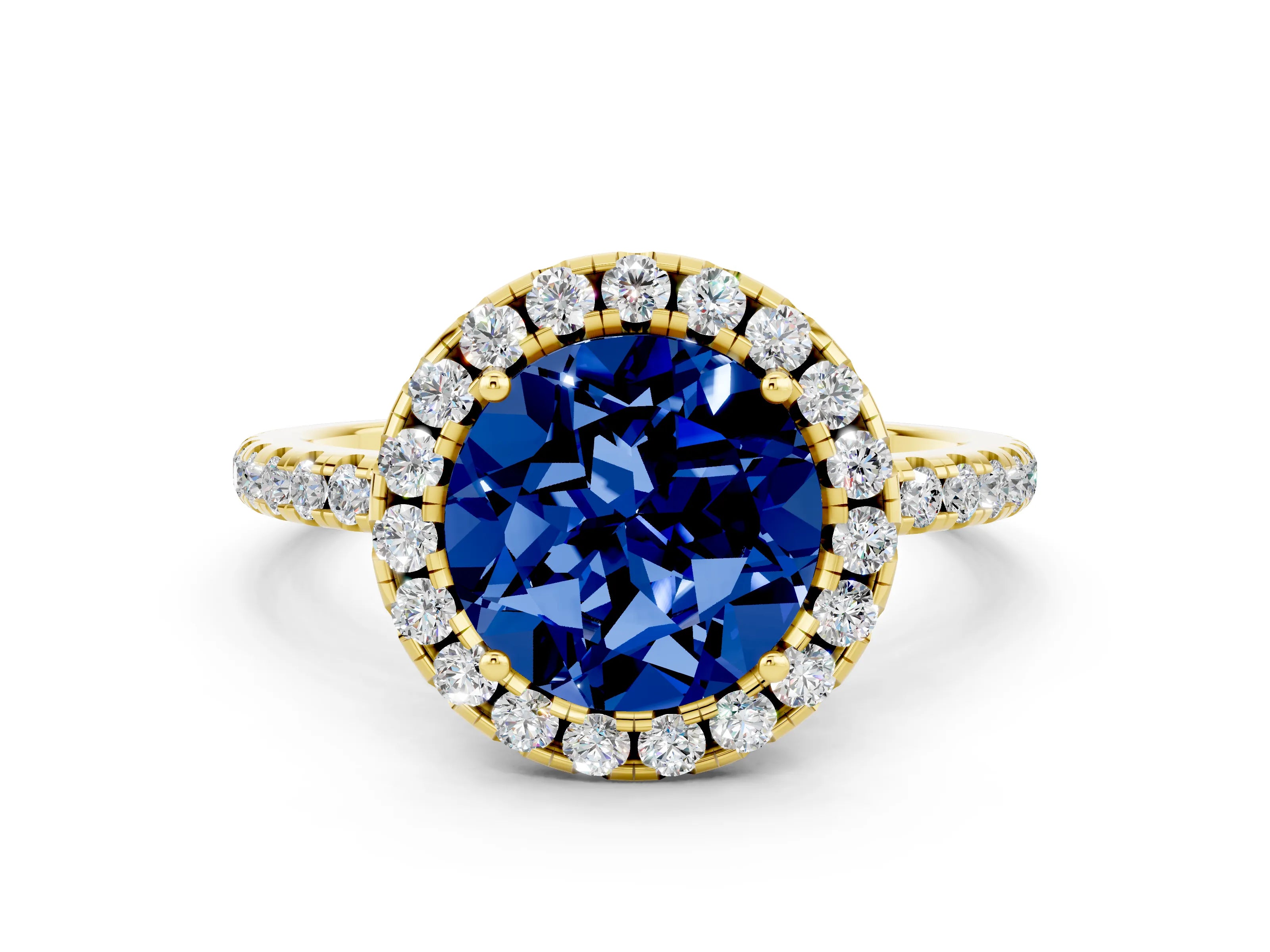 Yellow gold Round Cut Halo Round Diamond Pavé Band Four-Prong Ring