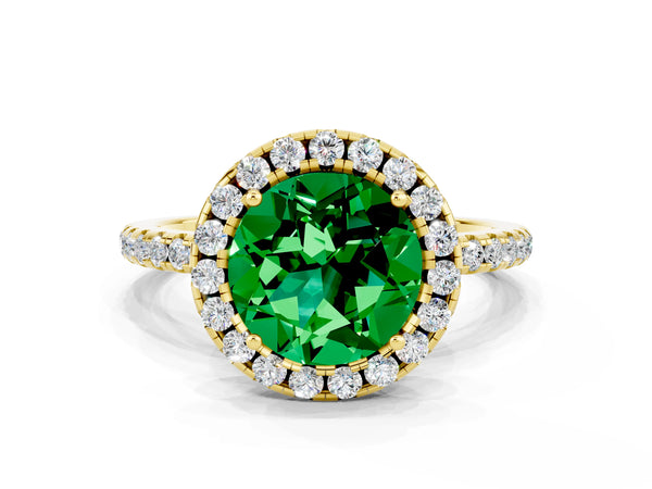 Yellow gold Round Cut Emerald Halo Ring with Round Pavé Band and Prong Setting