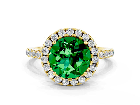 Yellow gold Round Cut Halo Round Diamond Pavé Band Four-Prong Ring
