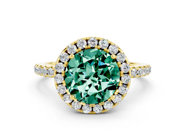Yellow gold Round Cut Green Sapphire Halo Ring with Round Pavé Band and Prong Setting