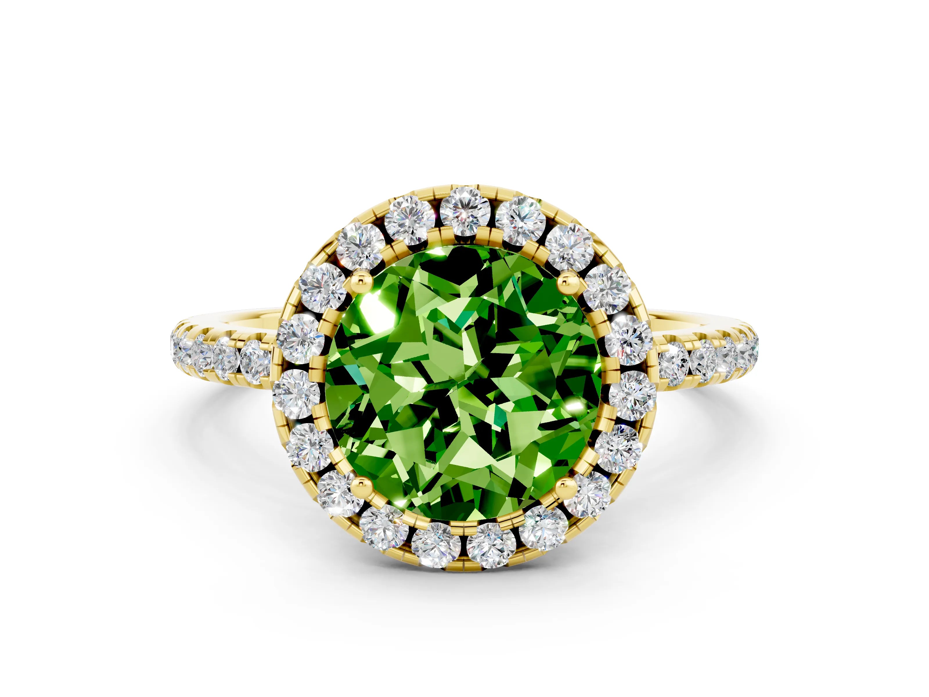 Yellow gold Round Cut Halo Round Diamond Pavé Band Four-Prong Ring