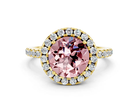 Yellow gold Round Cut Halo Round Diamond Pavé Band Four-Prong Ring