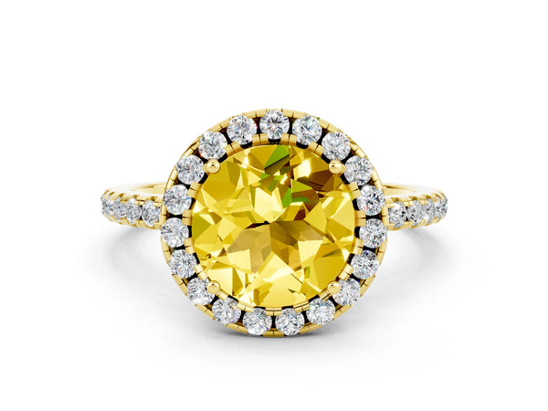 Yellow gold Round Cut Yellow Sapphire Halo Ring with Round Pavé Band and Prong Setting