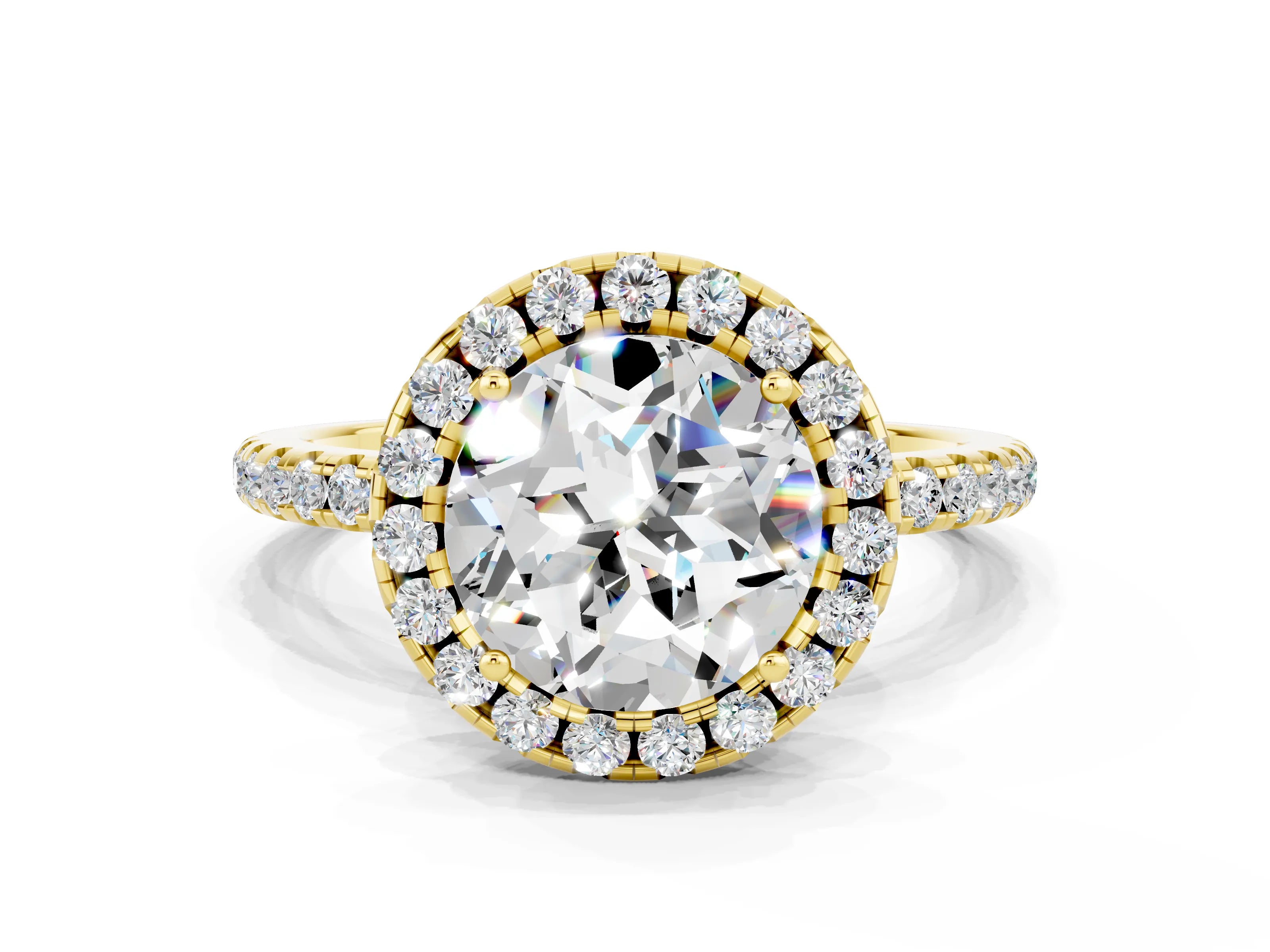 Yellow gold Round Cut Halo Round Diamond Pavé Band Four-Prong Ring