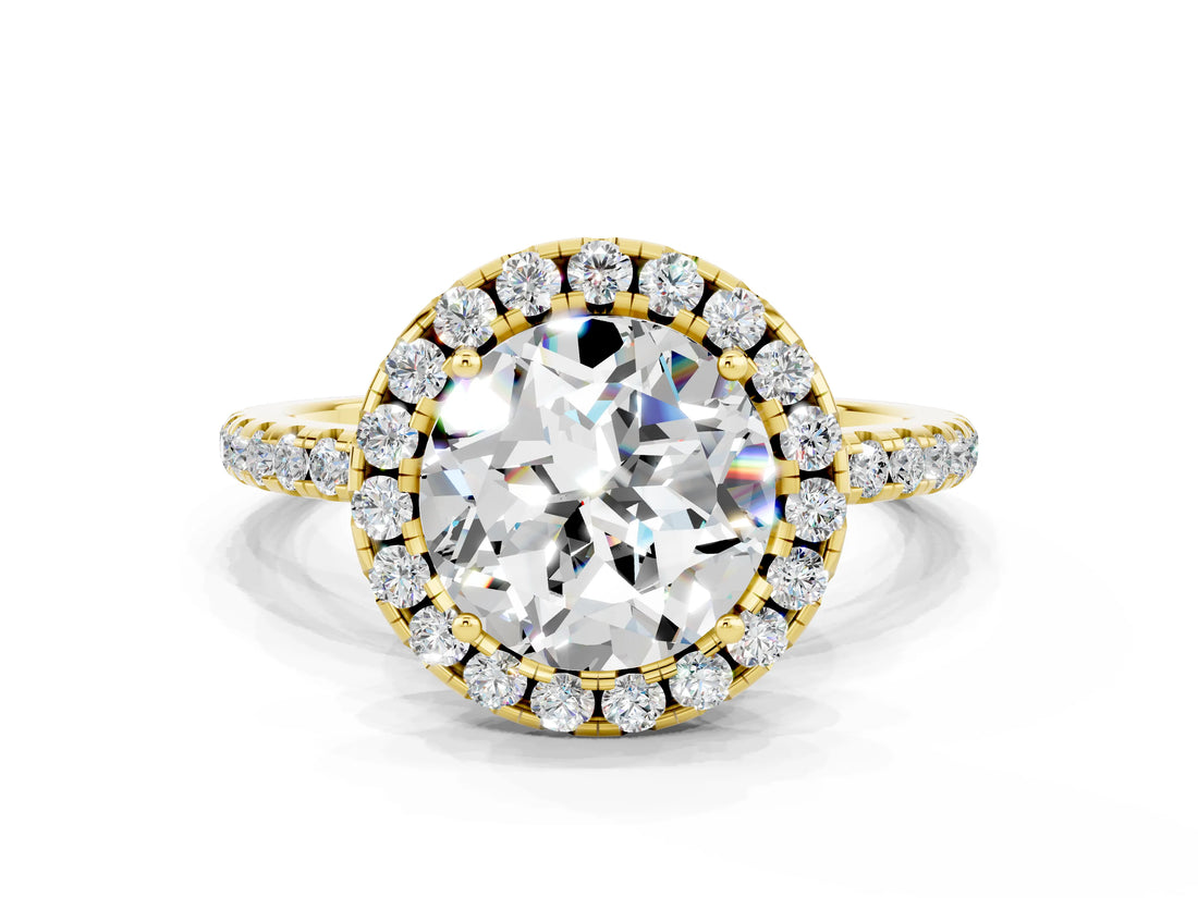 Yellow gold Round Cut Halo Round Diamond Pavé Band Four-Prong Ring